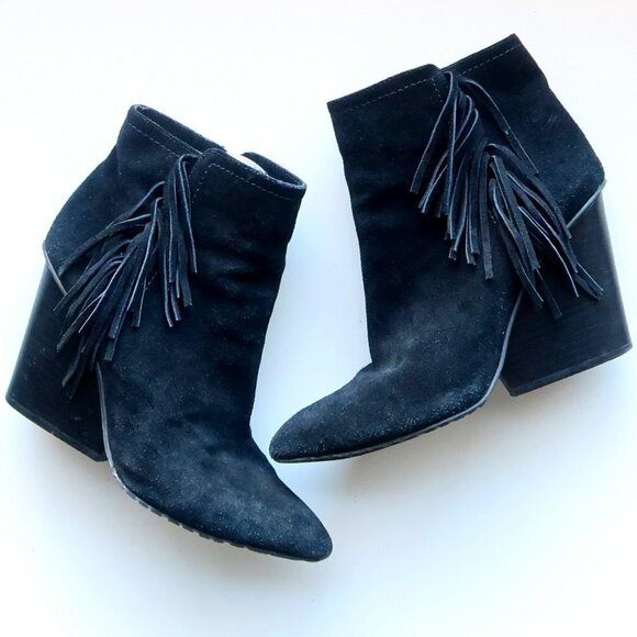 Isola Antonella Black Suede Leather Heeled Ankle Boots Booties with Fringe 8.5 - Picture 1 of 16